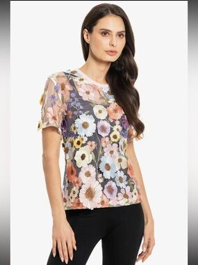 Adore Multi-Color Floral Embroidered Sheer Short Sleeve Top